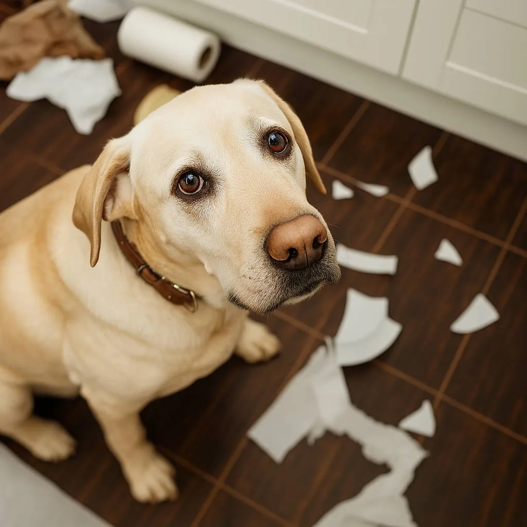 Cão sentado no meio de papéis rasgados