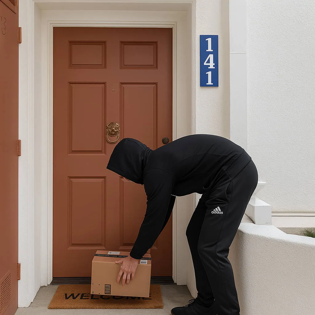 Ladrão a roubar uma encomenda à porta de casa